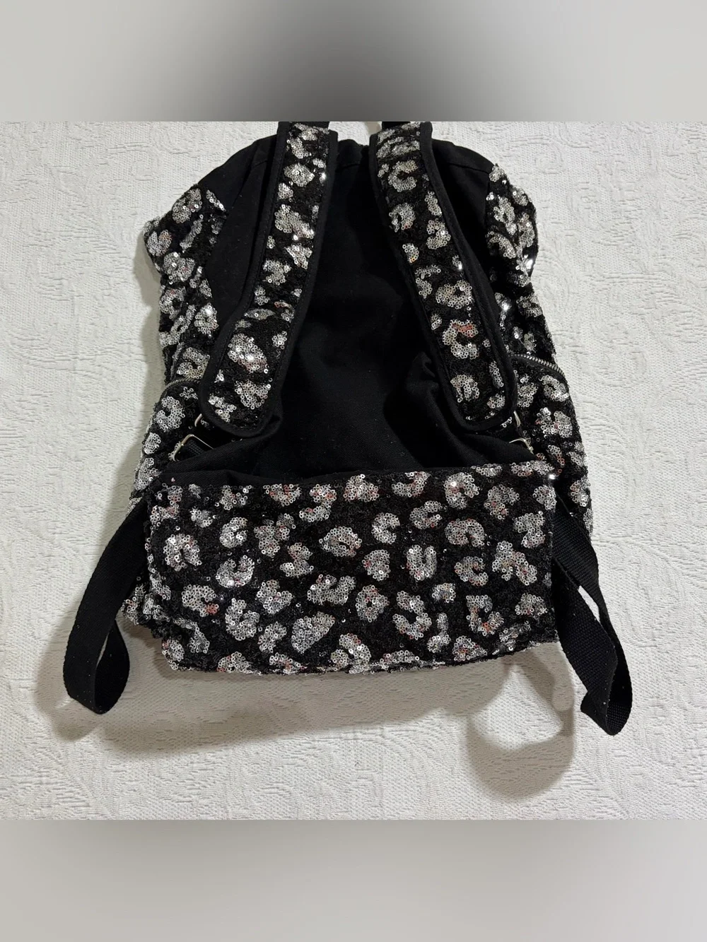 Victoria's Secret PINK Leopard Cheetah Backpack Bag Sequin Black Silver RARE